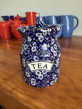 Rare Vintage Burleigh Blue Calico Staffordshire Tea Canister England Excellent picture