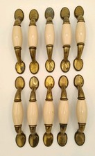 VTG Unbranded Cream Ceramic Antique Brass Handle Cabinet Pulls, Lot Of 10 picture