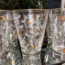 Libbey Royal Fern Gold Leaf Pattern Glass Tumblers Set Of 6 1950's Vintage picture