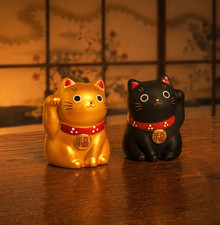 Japanese Lucky Cat Black & Gold Set Feng Shui Maneki Neko Figurine Yakushigama picture