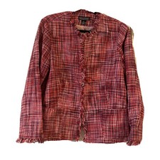 NWT-DIALOGUE QVC Plaid Jacket  Blazer Fringed Front & Sleeve Multicolored Sz 16 picture