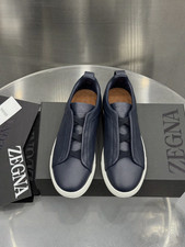Men's Zegna Triple Stitch Navy Leather Slip On Casual Sneakers picture