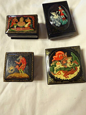 Set of 4 Russian Hand-Painted Lacquer Trinket Boxes, Folk Tales Folk Art picture