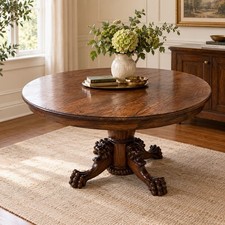 Antique Victorian Carved Oak Lion Head Claw Foot Pedestal Dining Table & 2 Leaf picture