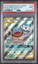 2019 POKEMON SUN & MOON COSMIC ECLIPSE #215 FULL ART/BLASTOISE & PIPLUP GX PSA 9 picture