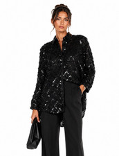 Creative Creations Black Sequin Beaded Embellished Silk Shirt-Dress Jacket LARGE picture