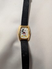 Vintage Rare Women’s Seiko Mickey Mouse Tank Watch Gold Tone Leather Band  (B) picture