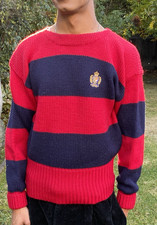 Rare 1986 Polo Ralph Lauren M 100% Wool Striped Red Blue Sweater picture