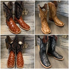 MEN'S RODEO COWBOY FISH PIRARUCU PRINT WESTERN SQUARE TOE BOOTS COGNAC BOTAS picture