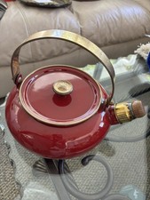 Vintage Hey any Lavar Stovetop Kettle Made In Norway Red Enamel With Brass Handl picture