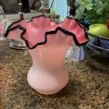 Vintage Fenton Black Rose Crest Ruffled Glass Vase 1950s Pink Cased Milk Glass picture