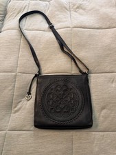Brighton Ferrara Crossbody Organizer Black Leather Magnetic Rose Medallion Purse picture