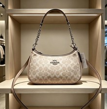 NWT Coach CV933 Teri Shoulder Bag In Signature Canvas Silver /Sand/Taupe picture