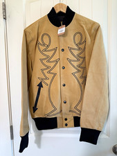 Western & Co. Embroidered Leather Bomber Jacket Snap Front Lined Beige Black XL picture
