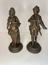 2 Antique  Victorian Metal/Bronze Spelter Cast Figurines Of Man And Woman picture