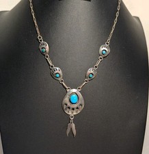 Vintage Navajo Sterling Turquoise Bear Paw Shadowbox Necklace Sky Blue 19in picture