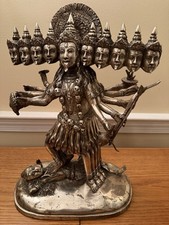 Large Hindu Statue Mahakali Dashamukhi Ten Headed Goddess, Brass ~18lb. 16