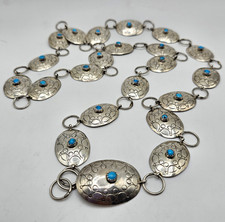​Vintage Navajo Signed Nel J. Sterling Silver & Turquoise Concho Link Belt - 39