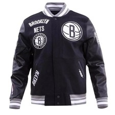 NBA Brooklyn Nets Basketball Varsity Jacket Wool & Leather Bomber Style Coat picture