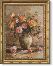 Romantic Still Life Pink Roses in Vase, Oil Painting Style Step Tiered Gold Fram picture