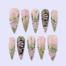Handmade 3D Pink Floral Butterfly Rhinestone Long Stiletto Press on Nails picture