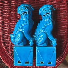 Pair of Chinese Turquoise Blue Glazed Porcelain Foo Dogs – 8.25”– 20th Century picture