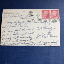 Vintage 1957 Postcard: Hollywood Beach Hotel With Two 2 cent Jefferson Stamps picture
