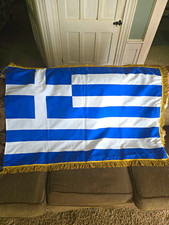 Vintage 1960-70s Greek Flag w/ Gold Fringe Trim, 