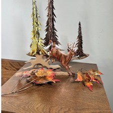 Vintage Copper Tone Metal Deer Forest Trees Fall Leaves Wall Art 70s Decor picture