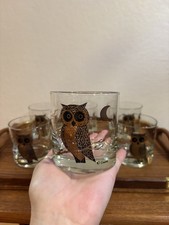 Vintage MCM Couroc Owl rocks glasses, set of 6.  Black and gold picture