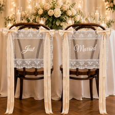 Just Married Wedding Chair Signs Set of 2, Lace Bride and Groom Chair Back picture