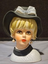Vintage Large Lady Head Vase Planter Napco Blue Bow Original Pearl Jewelry C7495 picture