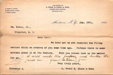 Law Offs A Frank B Chace & Sons 1899 Hudson NY Antique Letterhead Billhead TL4 picture