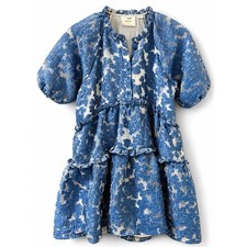 Maeve Anthropologie Tiered Jacquard Dress Blue Textured Puff Sleeve Petite SP picture