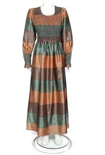 Vtg 70s I MAGNIN Patchwork Print Shiny Satin Smocked Prairie Dress sz M/L /073 picture
