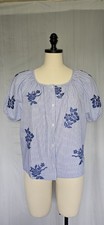 J.Crew Women's Puff-Sleeve Button-Up Top Embroidered Floral Stripe Blue White M picture