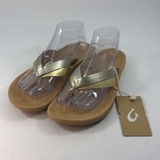 New OluKai KaeKae Sandals Women's 9 Tan Silver Gold Thong Flip Flop Slide Shoes picture