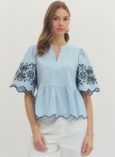 Entro Women’s Embroidered Scallop Trim Blouse Top in Sky Blue picture
