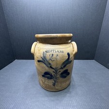 Antique 19thc Cortland NY Cobalt Blue Floral Decor Stoneware Jar Crock Primitive picture