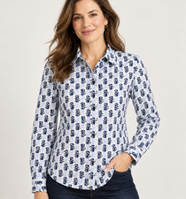 Talbots Womens No Iron Shirt Anchor Print Blue Long Sleeve Cotton Stretch Size 8 picture