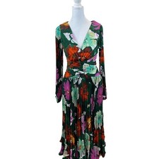 Anthro Mauve Brand Green Floral Pleated V Neck Dress Size 4 picture