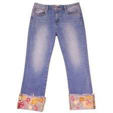 Driftwood Colette Jeans Womens 14 Blue Floral Embroidered Cuffed Raw Hem Boho picture