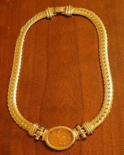 David Grau Vintage Necklace, Gold-toned with Oval Floral Pendant, Signed picture