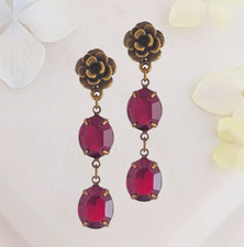Siam Red Oval Dangle Earrings, Flower Stud Drops made with Swarovski Crystals picture