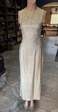 Vintage 60s Long ivory champagne brocade formal  with slit red lining bride picture