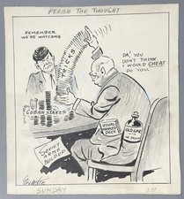 ORIGINAL ARTWORK GEORGE WHITE EDITORIAL CARTOON COLD WAR JFK , KRUSCHEV'S TRICKS picture
