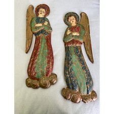 Antique Vtg Santos Angel Saint Carved Wood Folk Art Distress Pair Wall Plaque picture