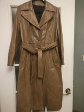 Vintage 70s Genuine Leather Trench Coat Womens 15/16 Brown Belted Long picture