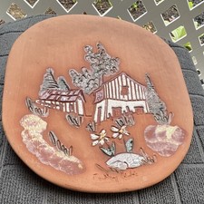 Vintage Hand Painted Carved Terracotta Wall Plaque Cottage House Landscape 7” picture