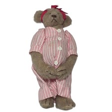Adorable Vintage Teddy Bear Pregnant Pajamas Red White Stripe Bow Ear Plush Toy picture
